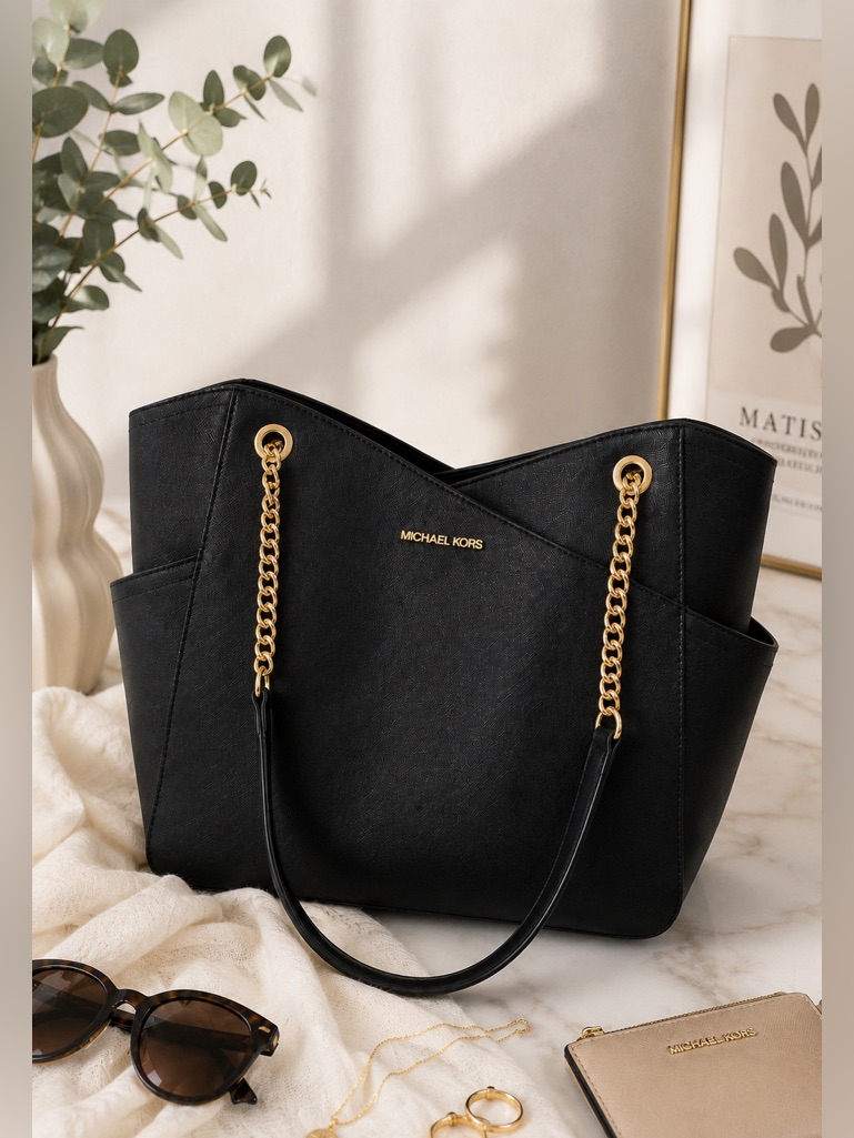 Michael Kors Black Leather Tote With Gold Chain Handles